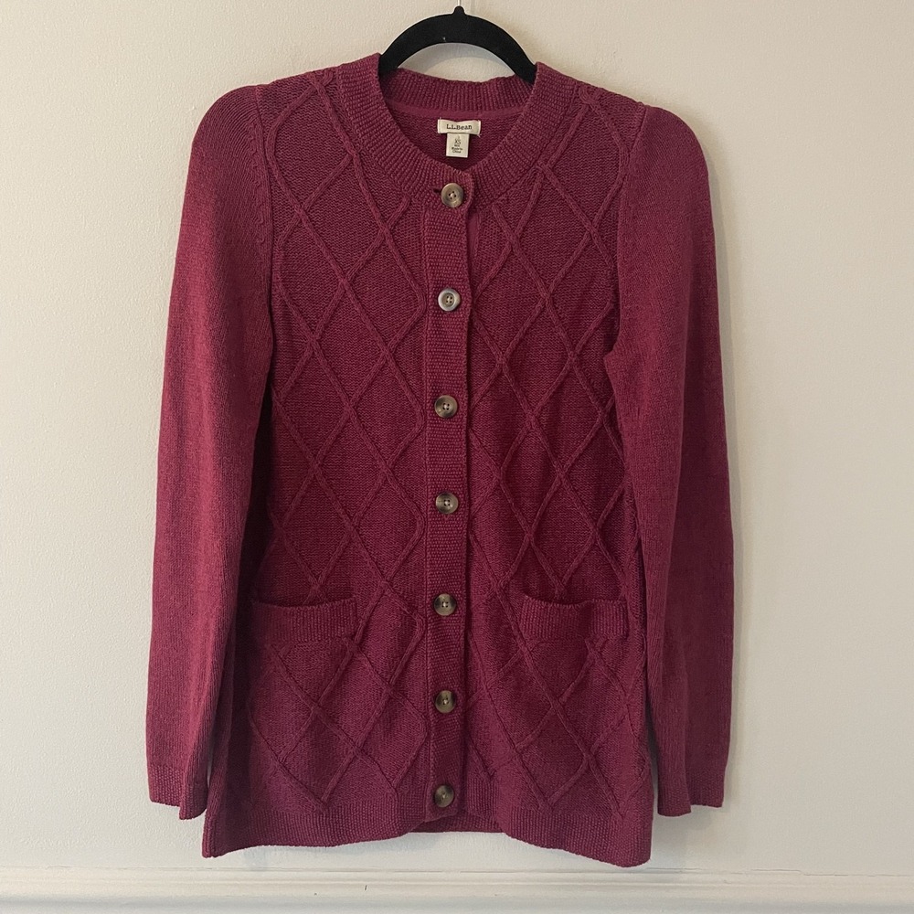 LL Bean 100%‎ Cotton Long Cardigan Sweater Pink XS Chunky Knit Textured Pockets